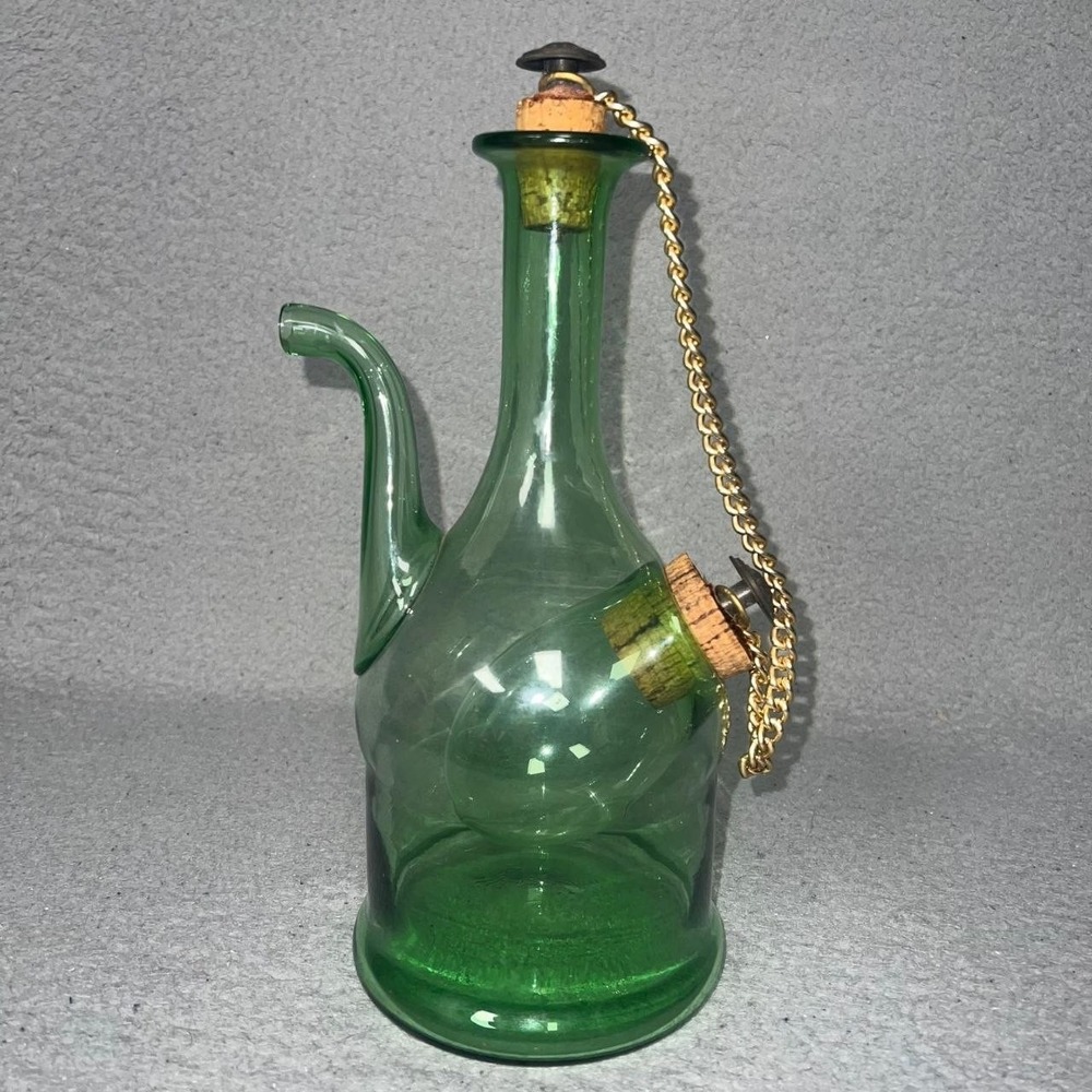 VTG Italian Hand Blown Wine Decanter Green Glass Carafe Ice Chamber Chiller Cork